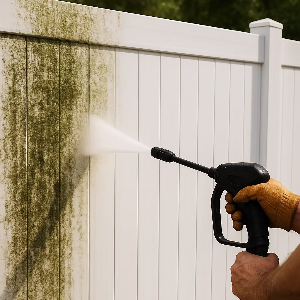 Professional fence pressure washing services in Kissimmee FL by PatioShield, restoring wood and vinyl fences to a c